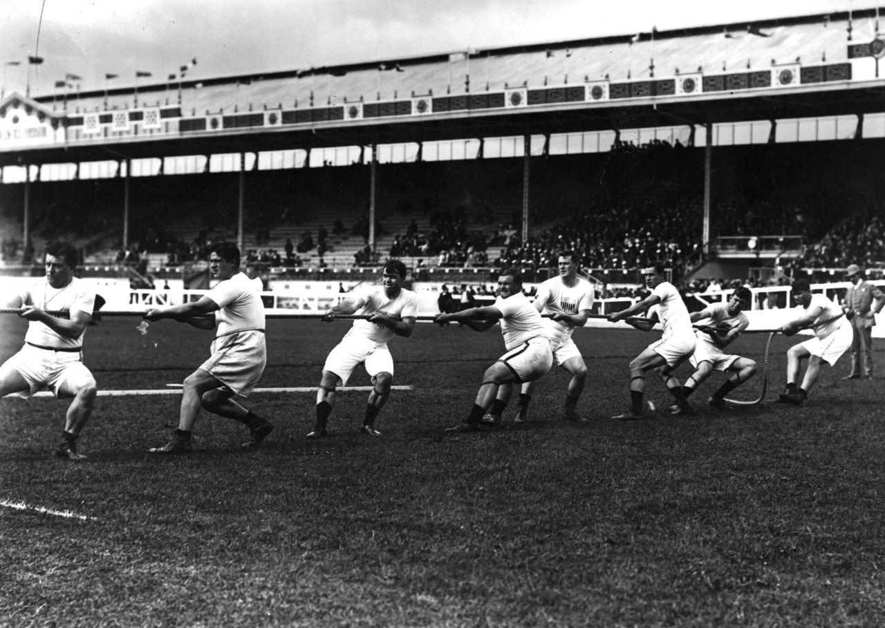 The Unites States tug-of-war team in action during the 1908 London Olympics at White City Stadium. 