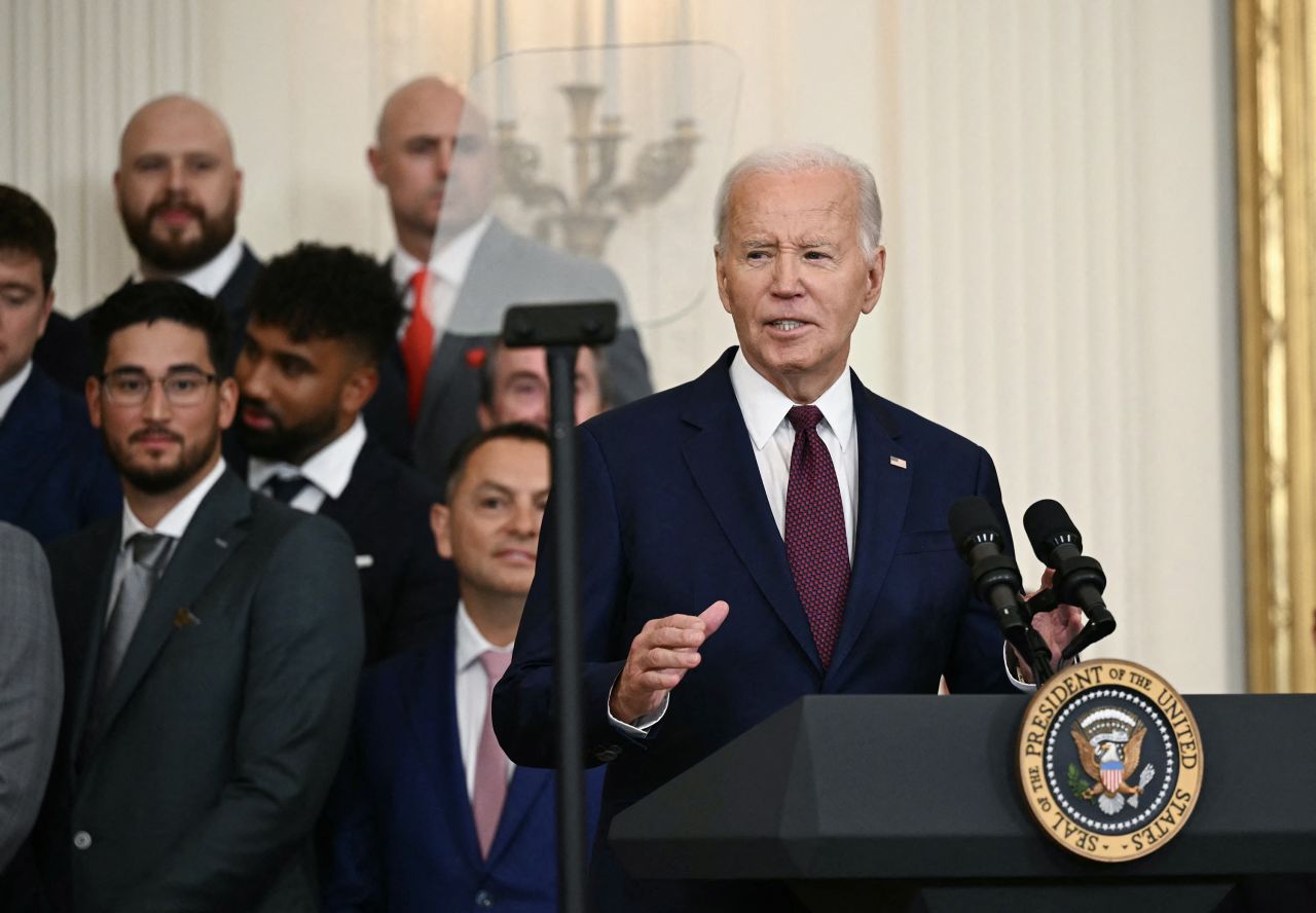 President Joe Biden speaks in the East Room of the White House in Washington, DC, on August 8.