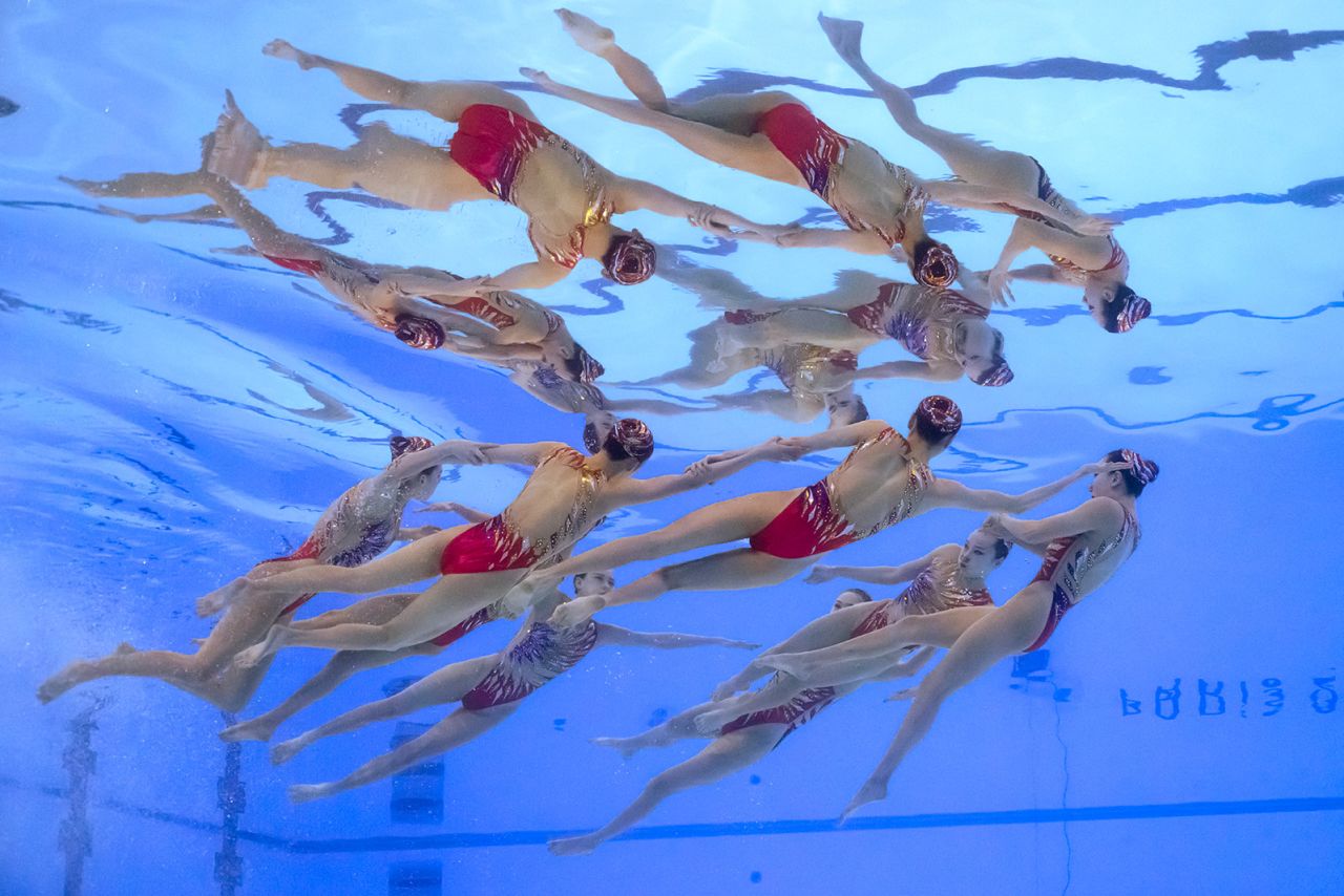 Team China competes in the team acrobatic routine of the artistic swimming event on August 7. The team went on to win gold. 