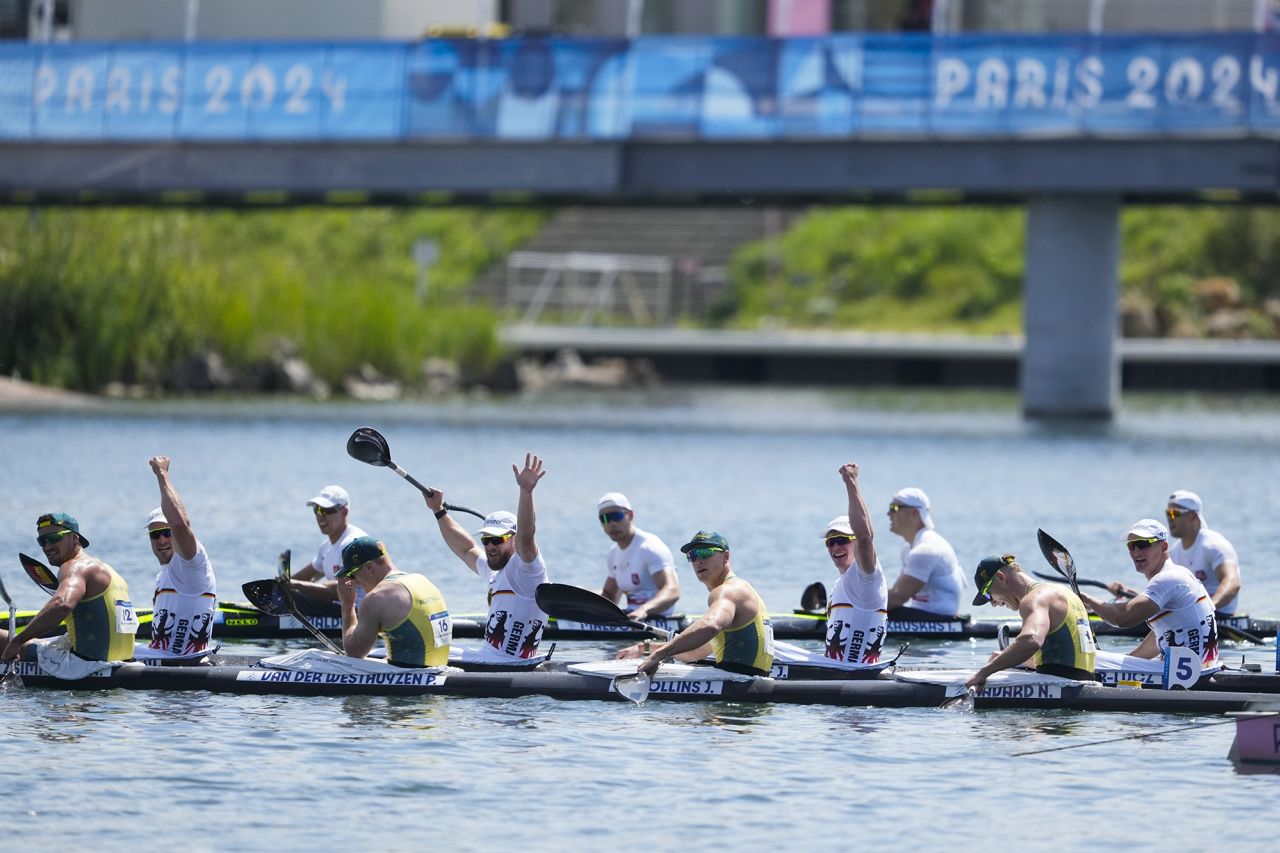 Germany's Max Lemke, Tom Liebscher-Lucz, Max Rendschmidt and Jacob Schopf reacts to winning gold in the men's kayak four 500-meter finals at the 2024 Summer Olympics on August 8.