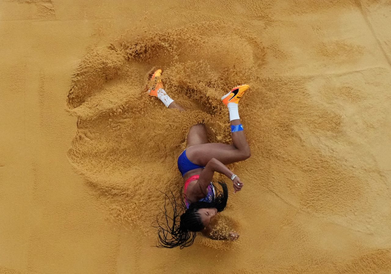 Tara Davis-Woodhall of the United States competes in the women's long jump final.