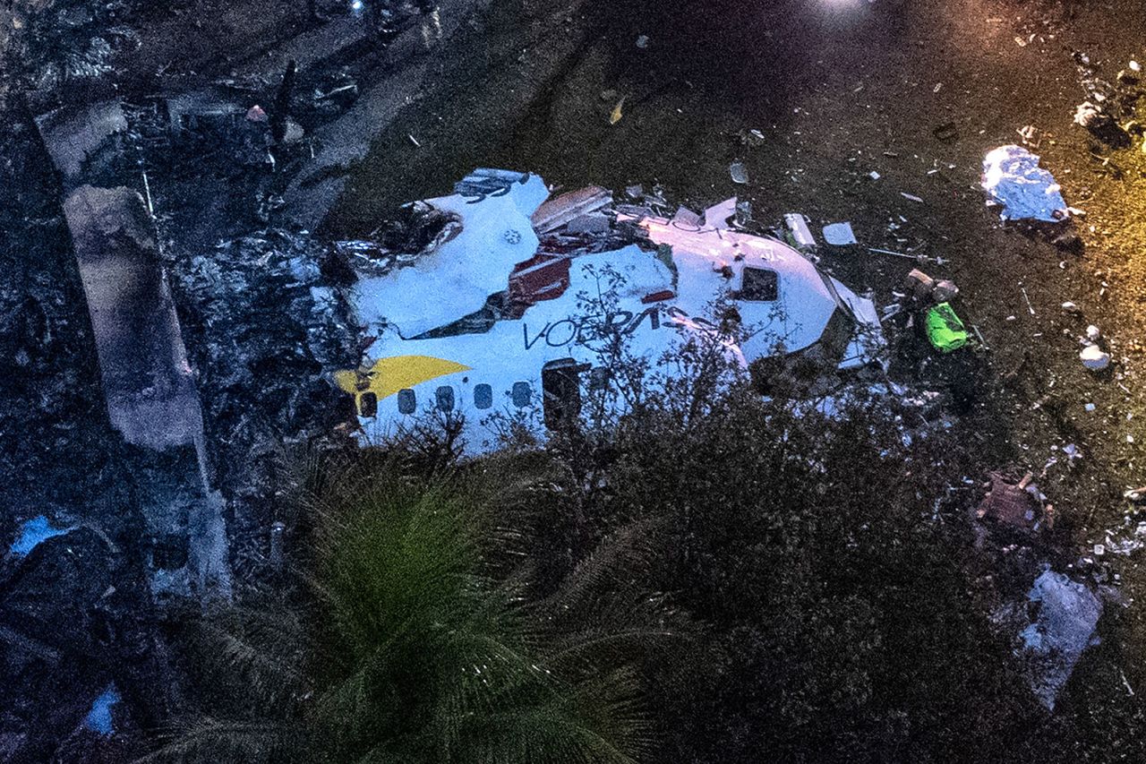 \Aerial view of the wreckage of an airplane that crashed with 61 people on board in Vinhedo, Sao Paulo State, Brazil, on Friday, August 9.