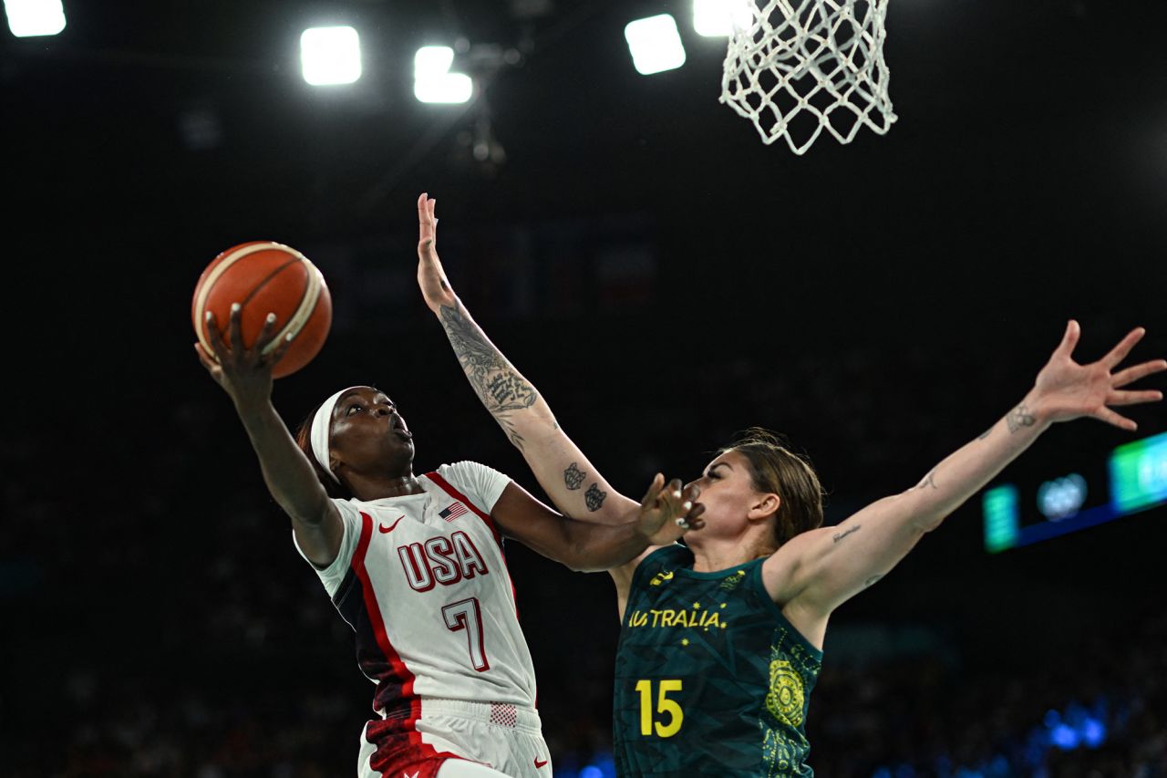 USA's Kahleah Copper goes to the basket in the women's semifinal basketball match against Australia on August 9. 