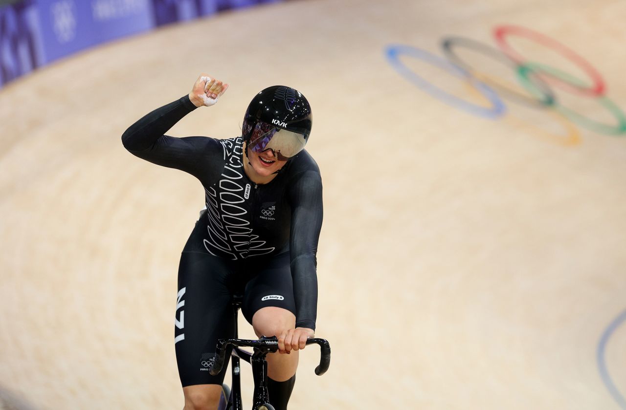 Ellesse Andrews of team New Zealand celebrates after setting a new world record during the women's sprint qualifying on Friday. 