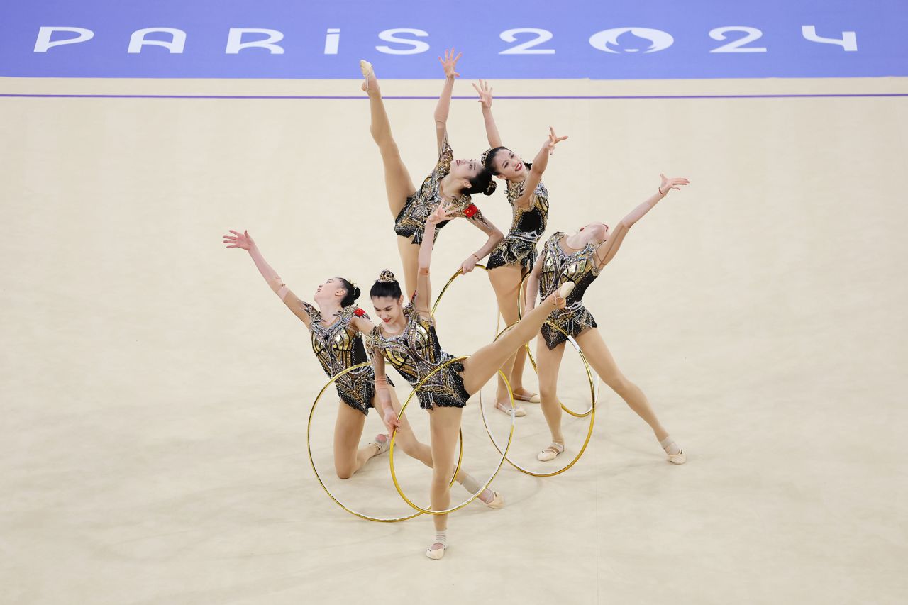 China competes in the rhythmic gymnastics group all-around final on August 10. 