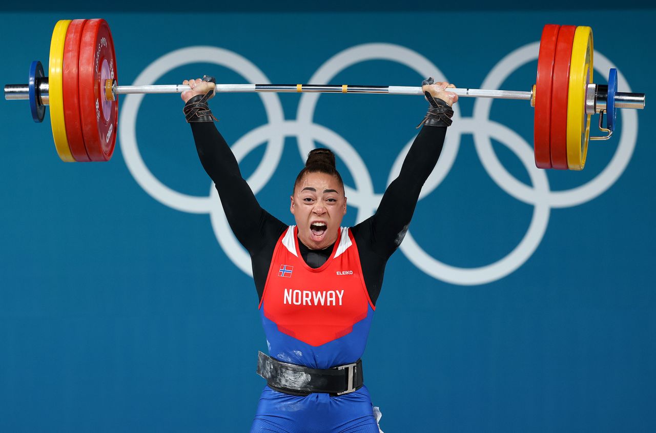 Norway's Solfrid Eila Amena Koanda performs a clean and jerk during the women's 81kg weightlifting event on August 10. 