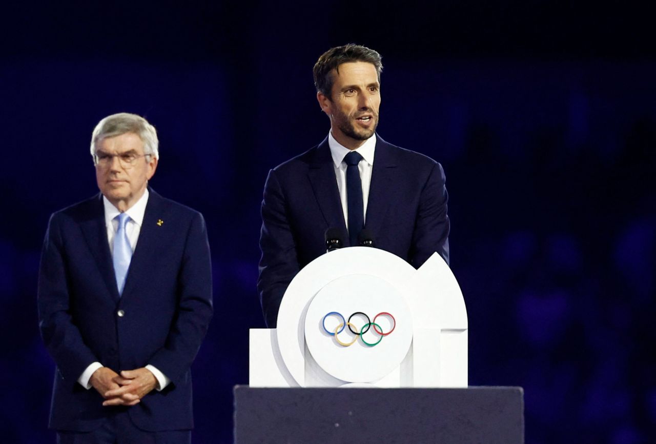 Tony Estanguet, president of the Paris 2024 organizing committee, delivers a speech during the closing ceremony. 