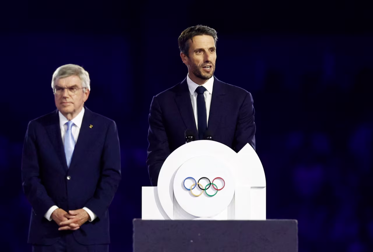 Tony Estanguet, president of the Paris 2024 organizing committee, delivers a speech during the closing ceremony. 