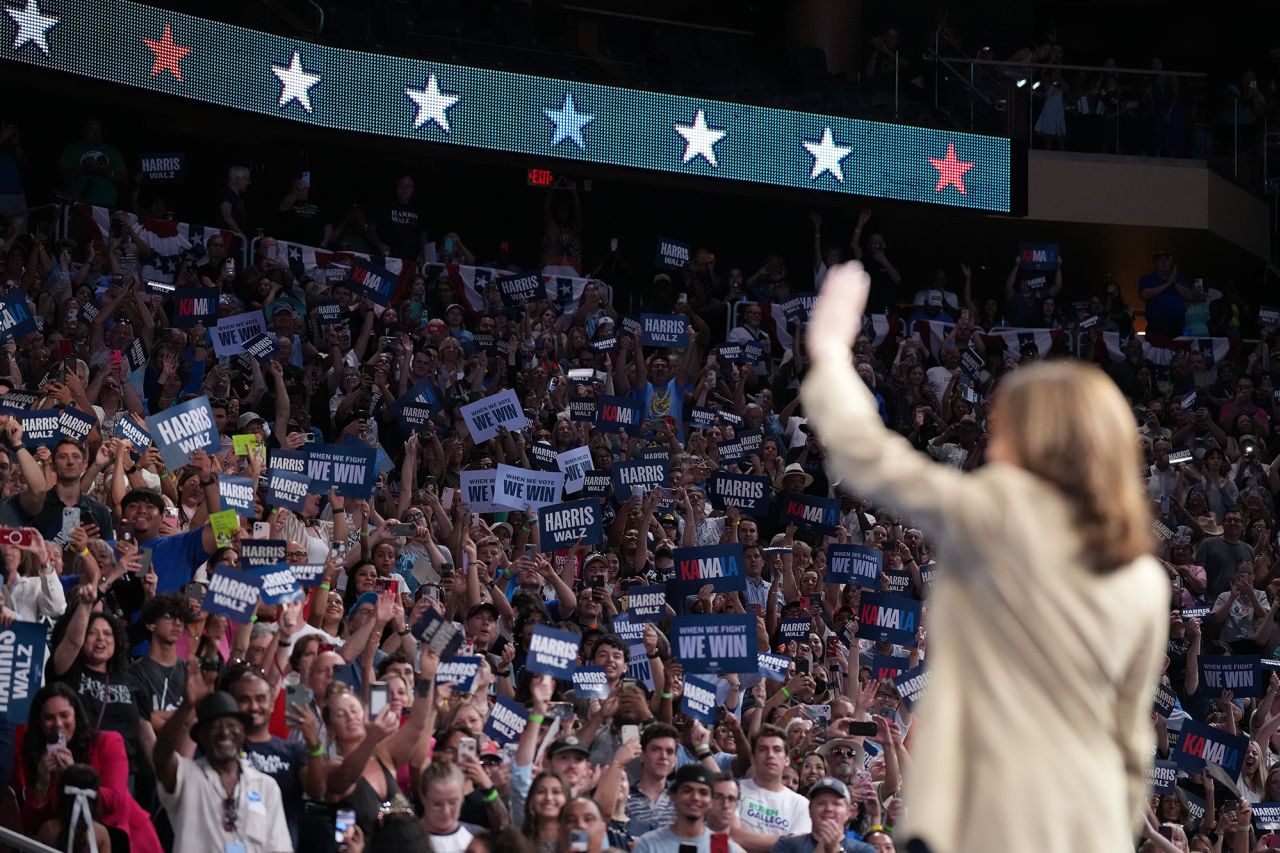 Vice President Kamala Harris waves to supporters at a campaign rally on August 9 in Glendale, Arizona. 