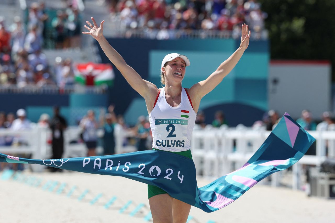 Hungary's Michelle Gulyás crosses the finish line for the laser run in the women's pentathlon on August 11. 