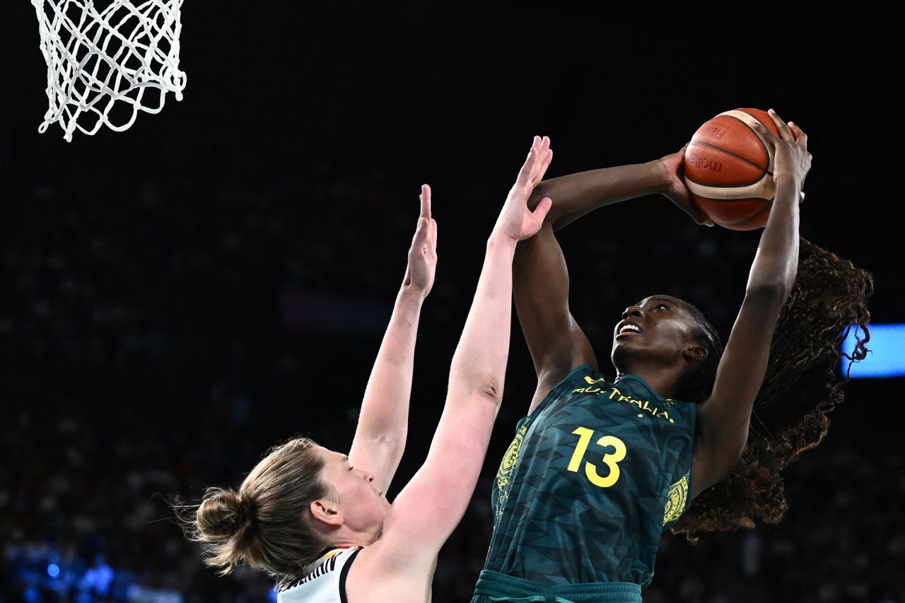 Australia's Ezi Magbegor goes to the basket during the women's basketball bronze medal match against Belgium on August 11. 