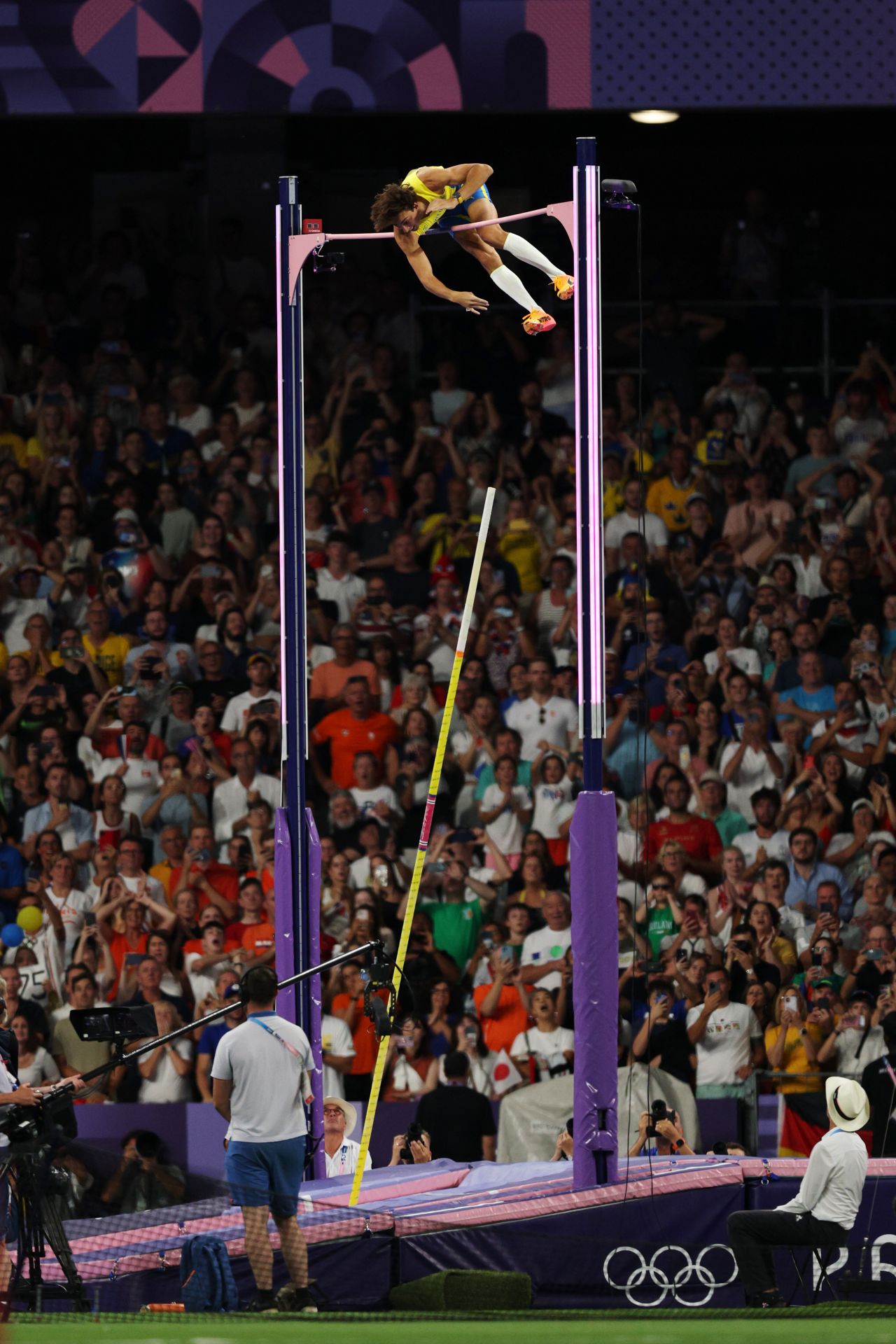 Sweden's Armand "Mondo" Duplantis completes his world-record pole vault on August 5. On his final attempt, Duplantis cleared 6.25 meters (20 feet, 6 inches), breaking the world record for the ninth time in his career.