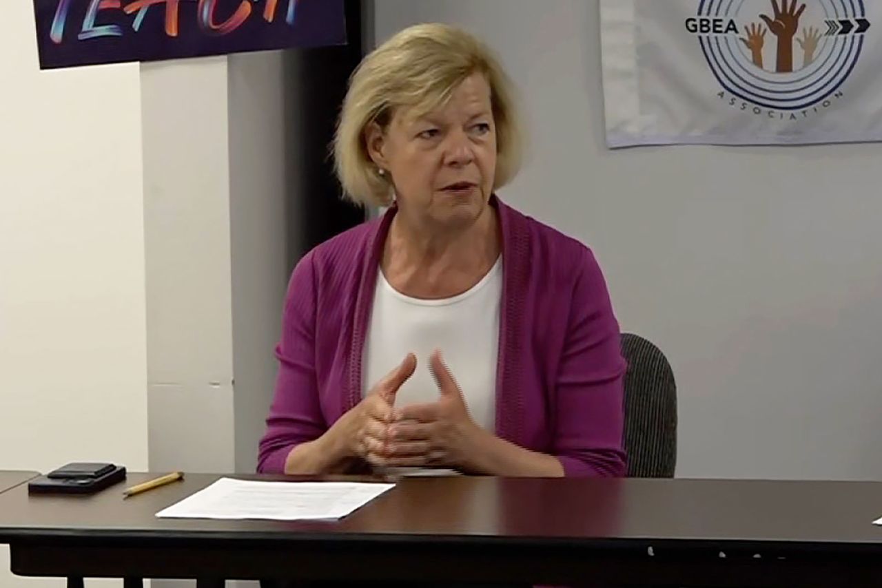 Sen. Tammy Baldwin speaks at an event in Green Bay with the Wisconsin Education Association Council on 