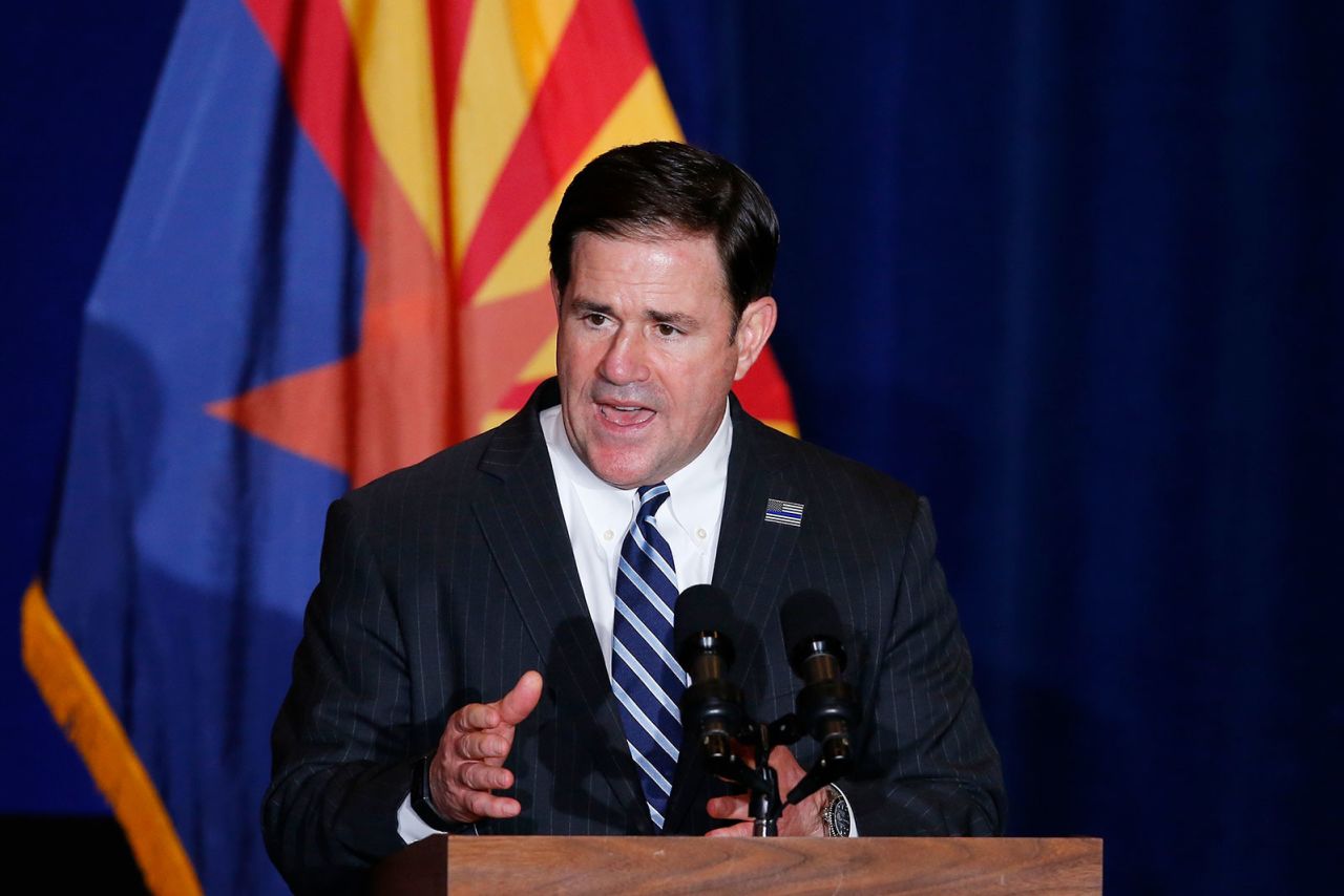 Doug Ducey speaks at an event in Mesa, Arizona on August 11, 2020. 