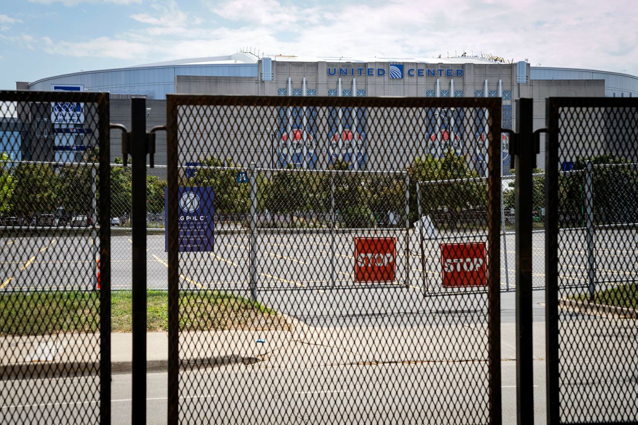 Barricade fencing set up near the United Center ahead of the Democratic National Convention, seen on Monday, August 12. 