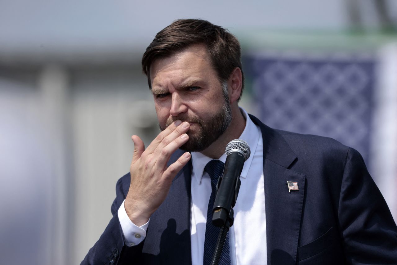 JD Vance speaks during a campaign rally at Cordes, Inc., an industrial trucking company, in Byron Center, Michigan, on Wednesday.