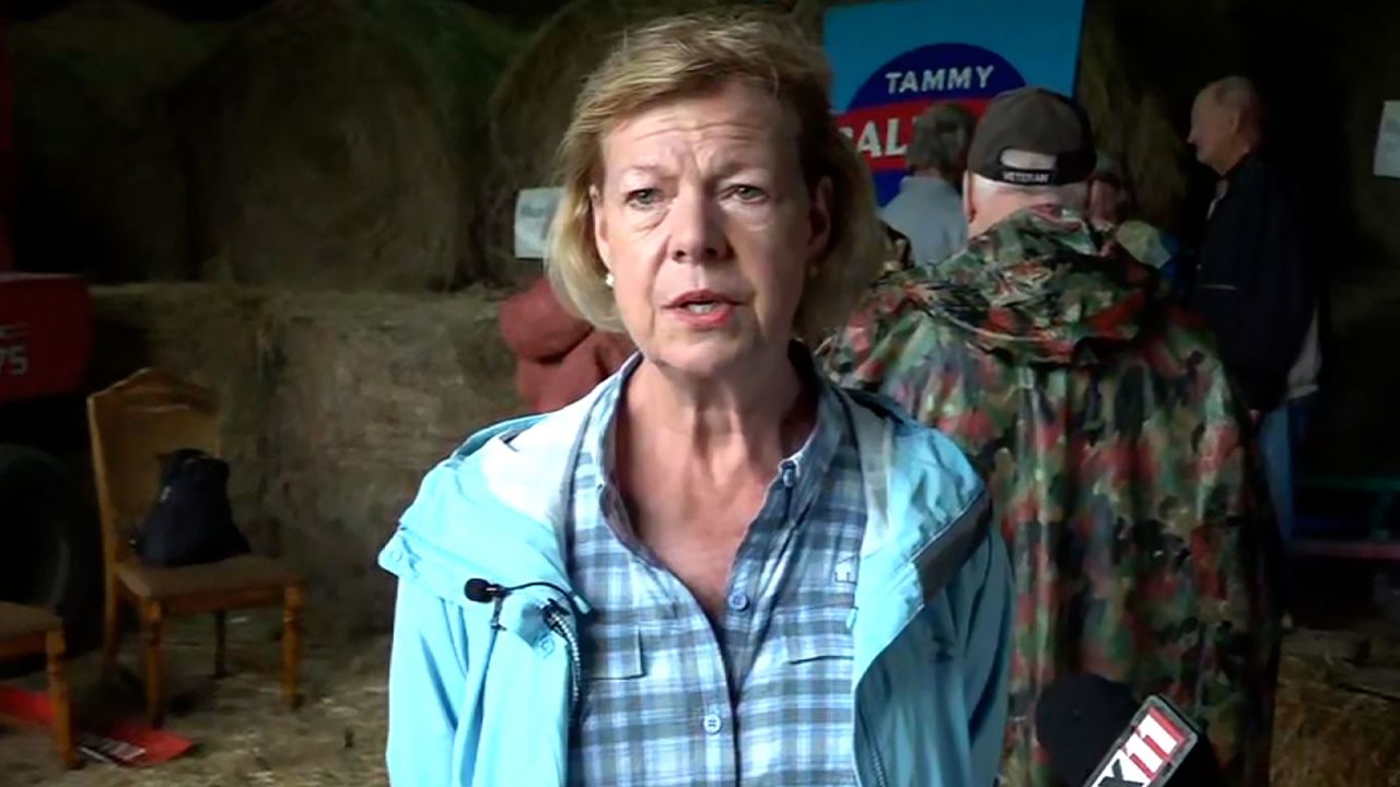 Sen. Tammy Baldwin talks with the media after event with rural voters in New London, Wisconsin, on Thursday, August 15. 