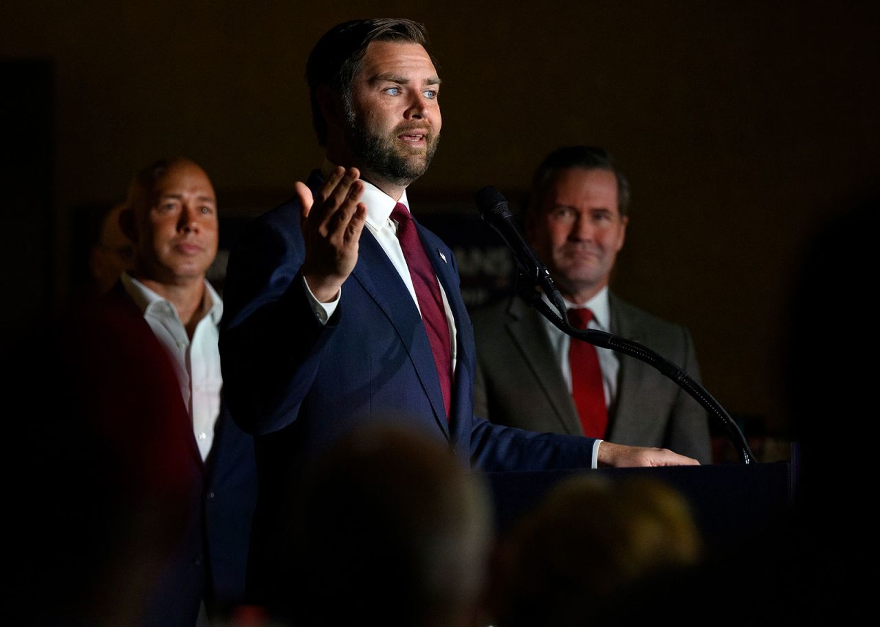 Republican Vice Presidential candidate Sen. JD Vance speaks at a campaign rally at VFW Post 92 onThursday, August 15,  in New Kensington, Pennsylvania. 