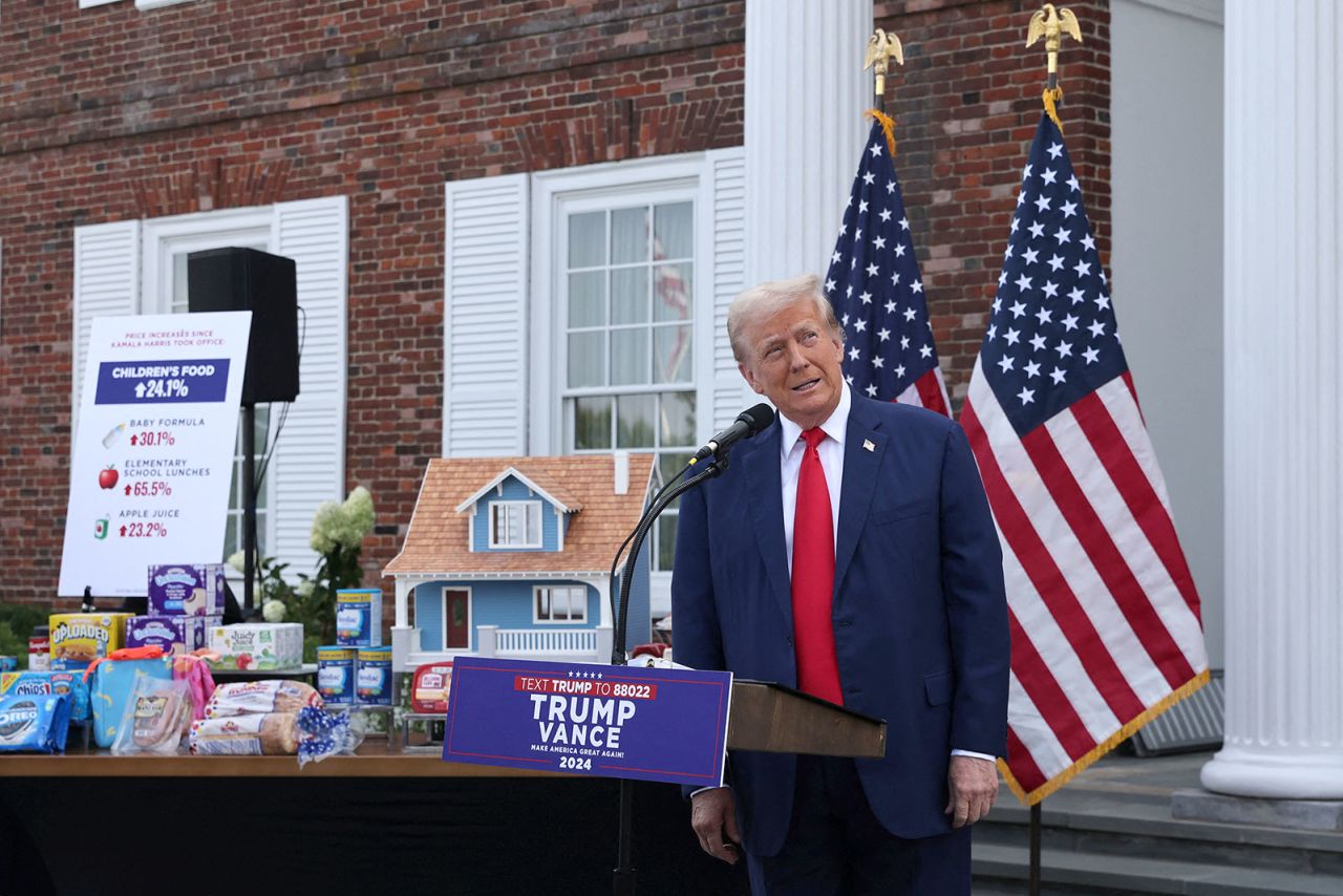 Republican presidential nominee and former President Donald Trump speaks during a news conference at Trump National Golf Club, in Bedminster, New Jersey, on Thursday, August 15.