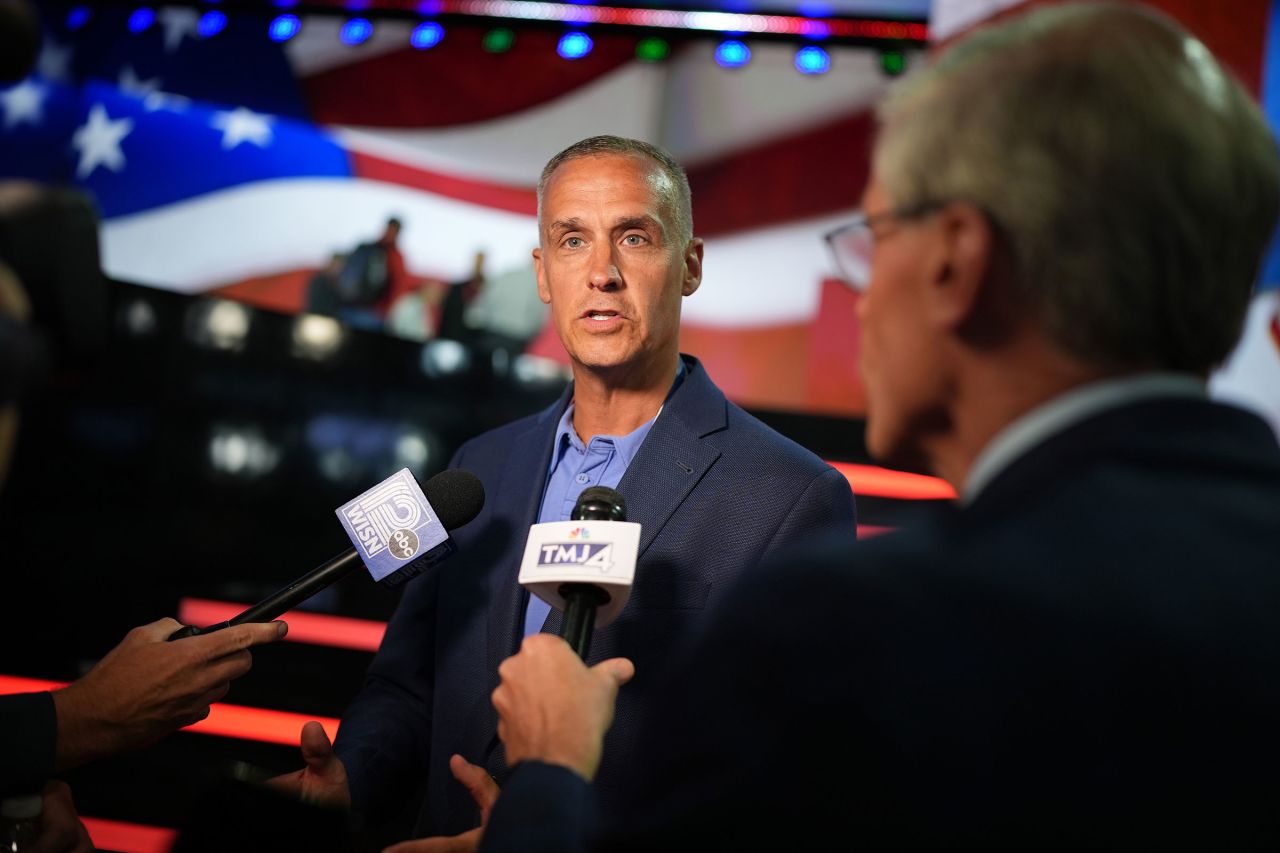 Political consultant Corey Lewandowski is interviewed by media at the Fiserv Forum as preparations are underway for the Republican National Convention on July 14, in Milwaukee.