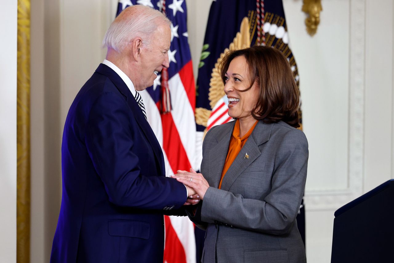 Vice President Kamala Harris introduces President Joe Biden during an event about their administration's work to regulate artificial intelligence in the East Room of the White House on October 30, 2023 in Washington, DC.