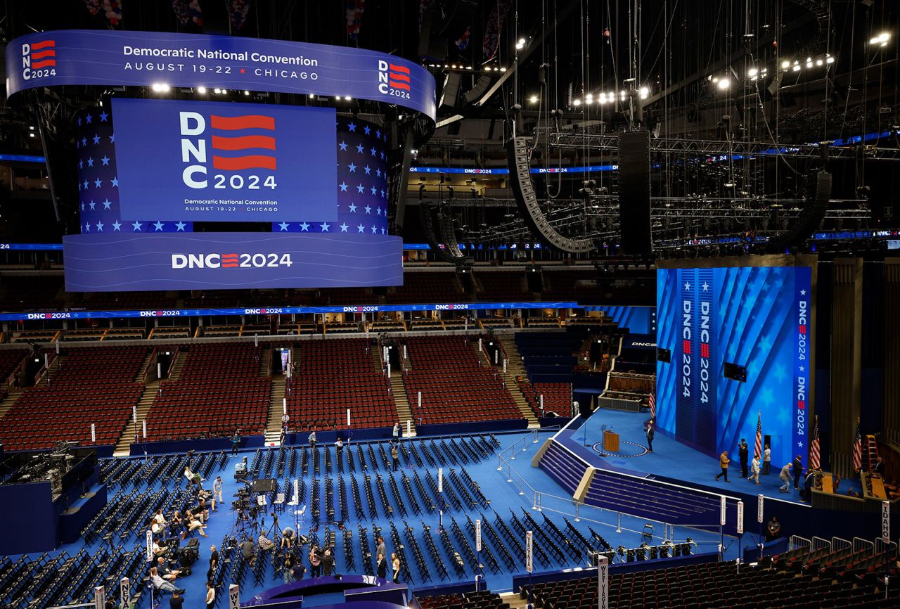 The United Center in Chicago undergoes preparation ahead of the Democratic National Convention on August 17.