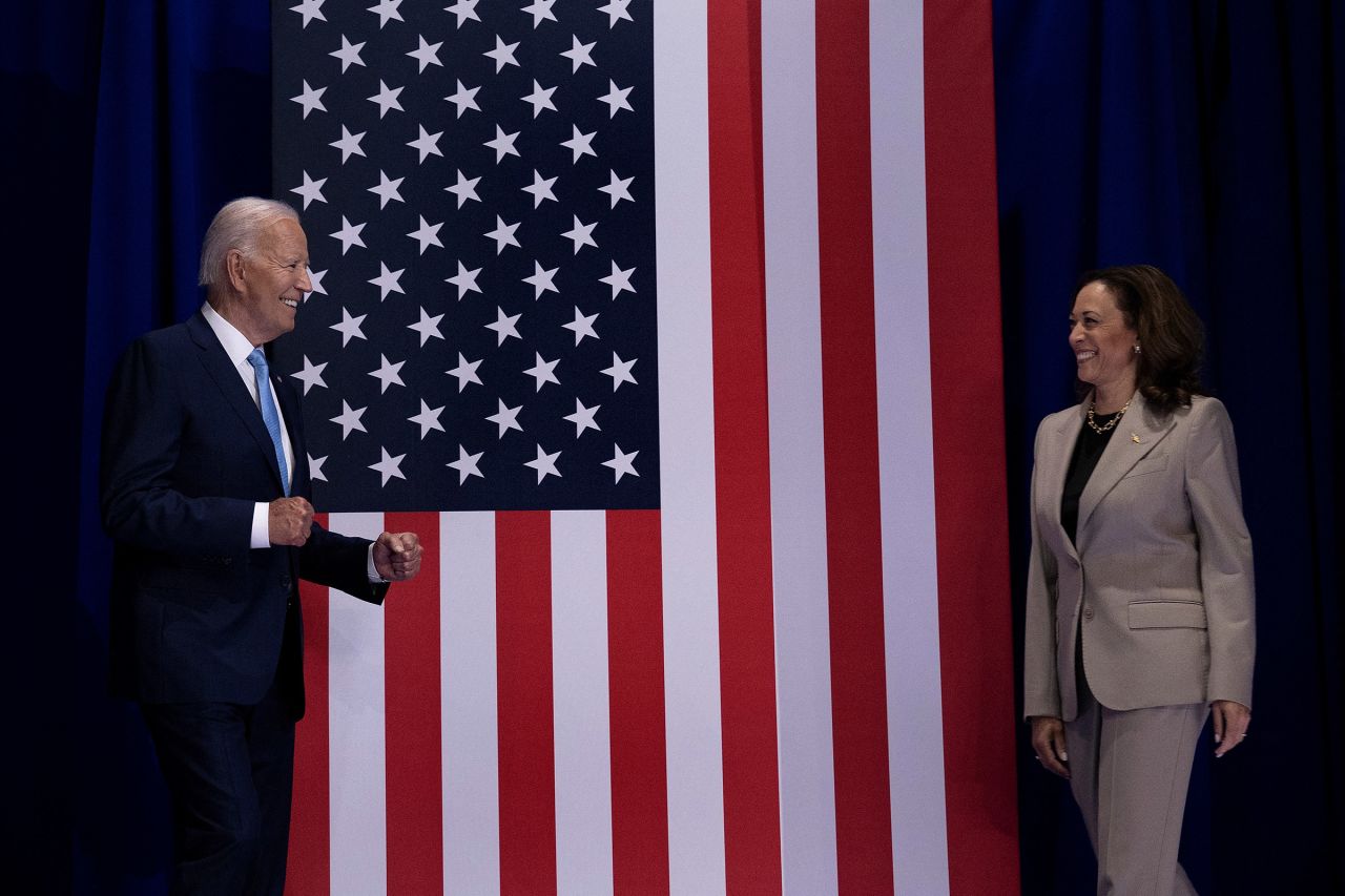 President Joe Biden and Vice President and Democratic presidential candidate Kamala Harris arrive to speak at Prince George's Community College in Largo, Maryland on August 15.