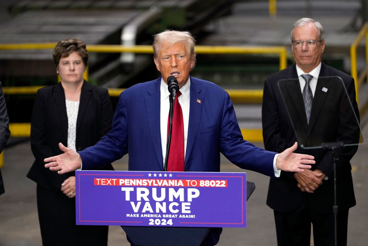 Republican presidential nominee former President Donald Trump speaks at a campaign event at Precision Components Group, Monday, August 19, in York, Pennsylvania. 