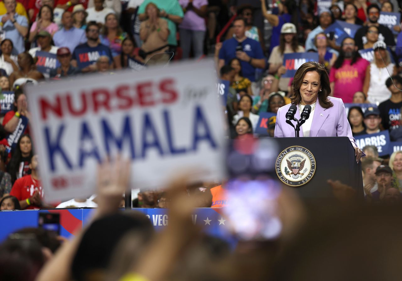 Democratic presidential candidate, U.S. Vice President Kamala Harris speaks during a campaign rally at the University of Las Vegas Thomas & Mack Center on August 10, in Las Vegas, Nevada. 