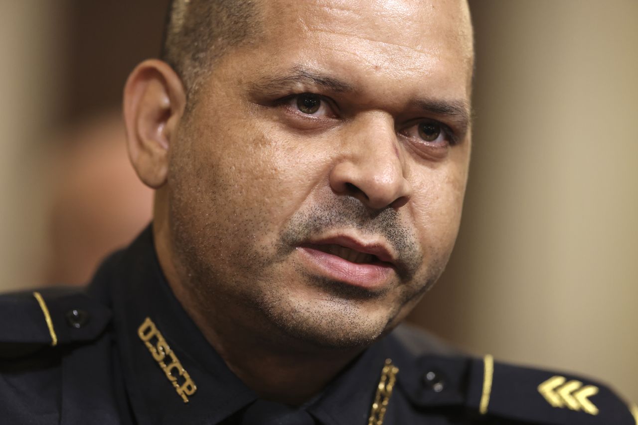 U.S. Capitol Police officer Sgt. Aquilino Gonell testifies before the House Select Committee investigating the January 6 attack on the U.S. Capitol on July 27, 2021 at the Cannon House Office Building in Washington, D.C. 