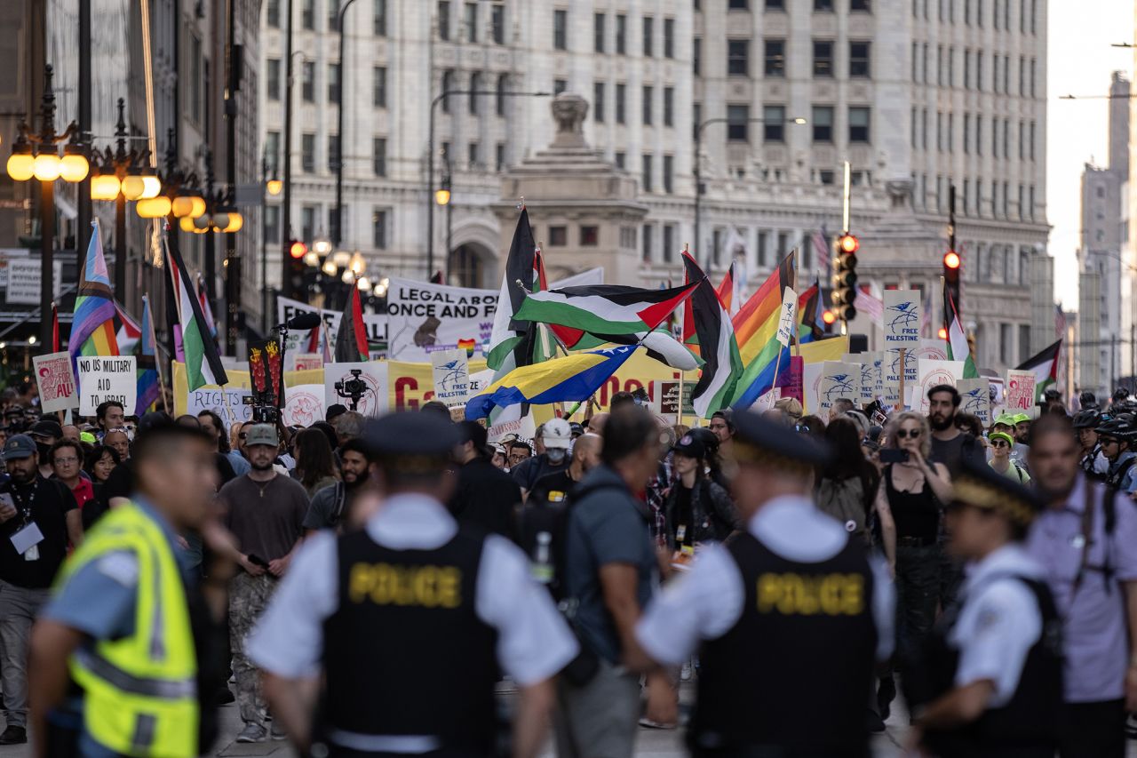 Protesters march ahead of the Democratic National Convention on August 18, in Chicago.