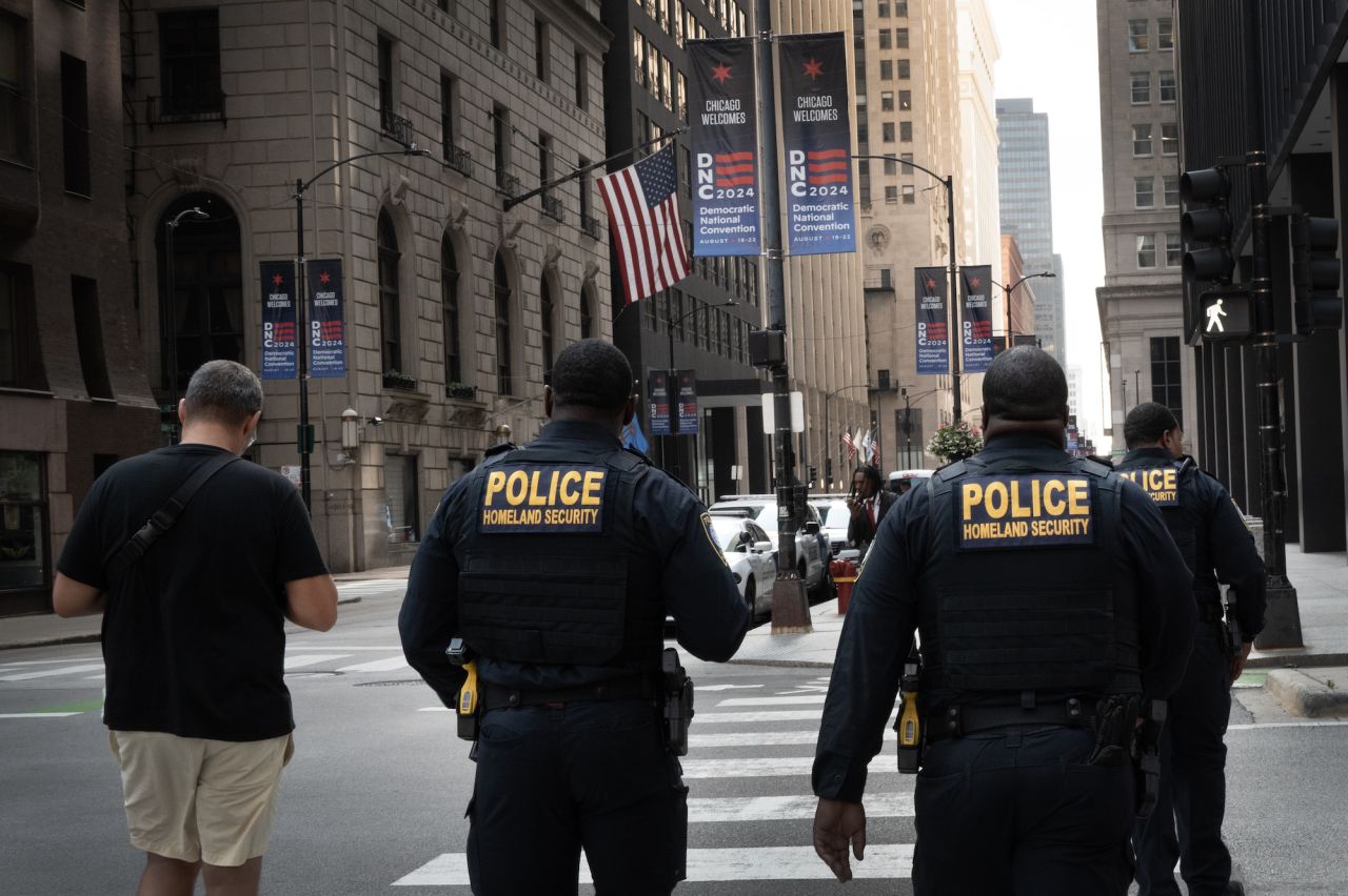 Homeland Security Police patrol around federal buildings in downtown Chicago on Sunday.