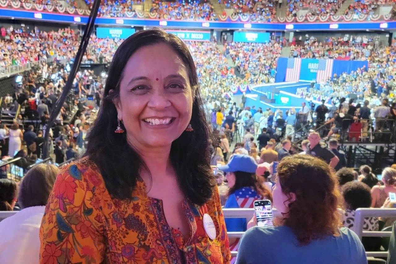 Vineeta Gupta, who immigrated to the US from India in 2003, says she didn't engage much with electoral politics until Harris became the presumptive Democratic presidential nominee. She's seen here at an August 6 Harris rally in Philadelphia.