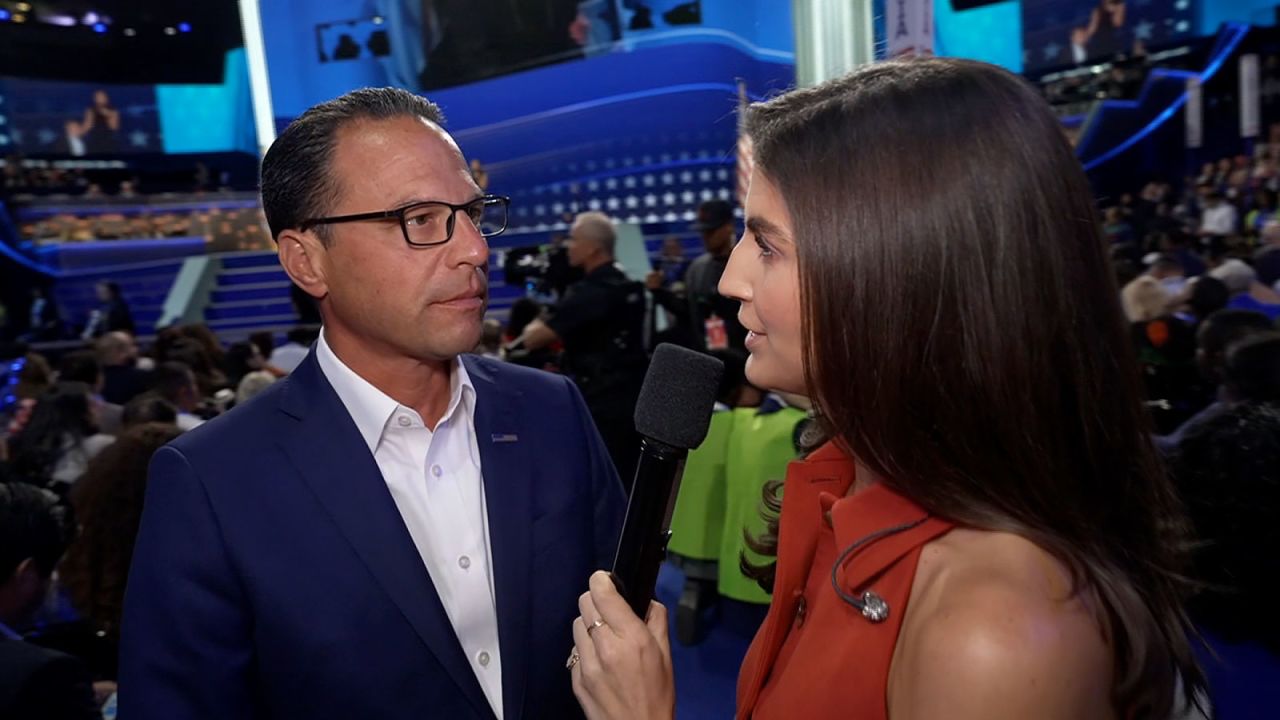 Pennsylvania Gov. Josh Shapiro is interviewed by CNN's Kaitlan Collins from the floor of the DNC on Monday, August 19, in Chicago.