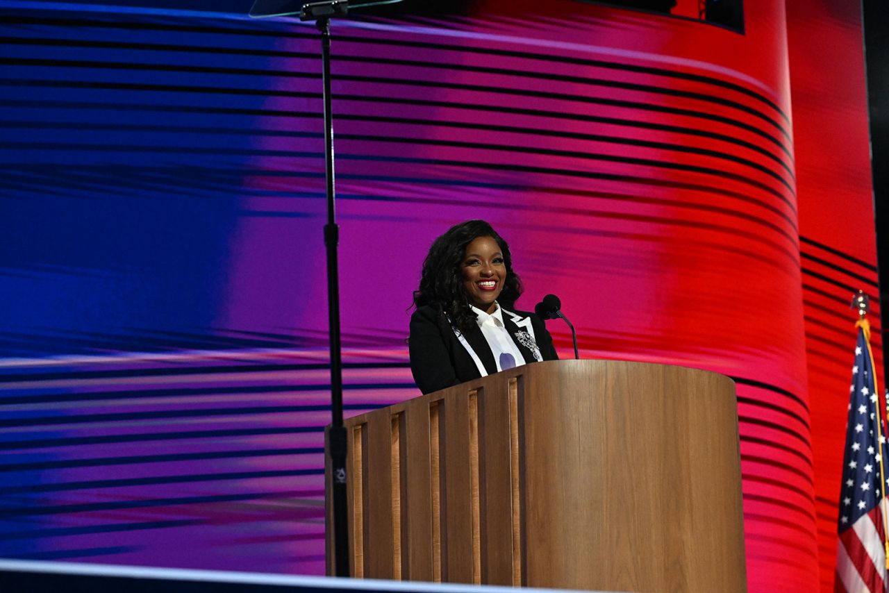 Rep Jasmine Crockett speaks on stage during the DNC on Monday, August 19.