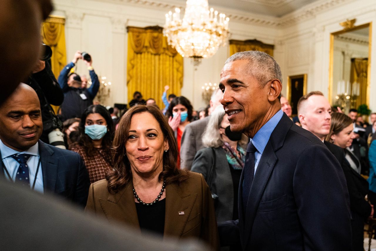 Kamala Harris and Barack Obama are pictured during an event at The White House in Washington, DC, in April 2022. 