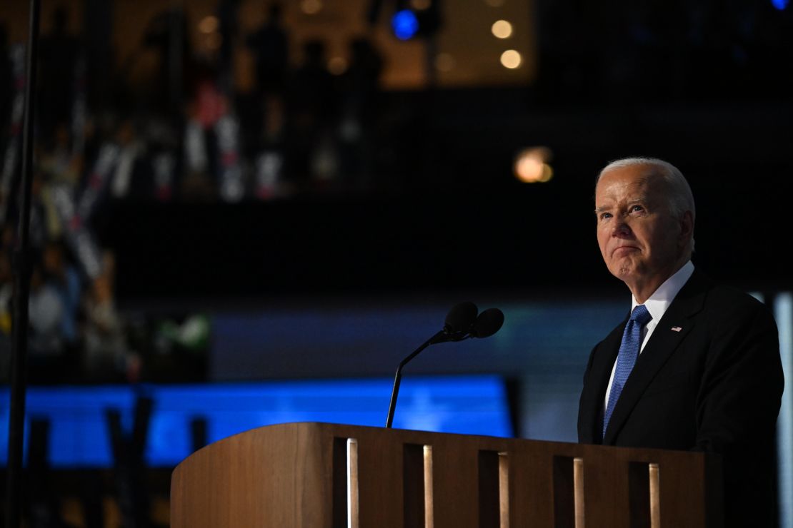 President Joe Biden speaks at the Democratic National Convention in Chicago on August 19, 2024.