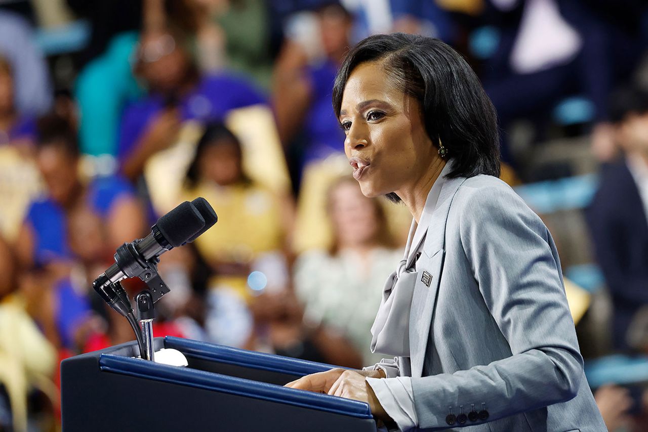 Angela Alsobrooks gives remarks at an event for  President Joe Biden and Vice President Kamala Harris at Prince George’s Community College on August 15, in Largo, Maryland. 