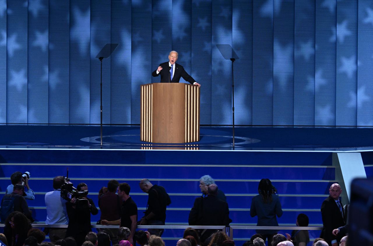 President Joe Biden gives remarks during the DNC on Monday, August 19, in Chicago.