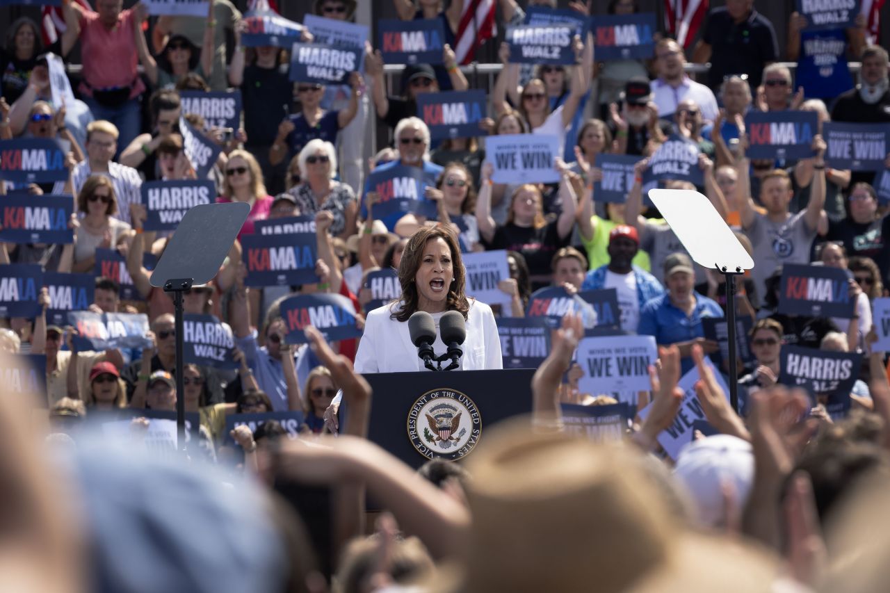 Vice President Kamala Harris speaks at a campaign rally in Eau Claire, Wisconsin, on August 7. 