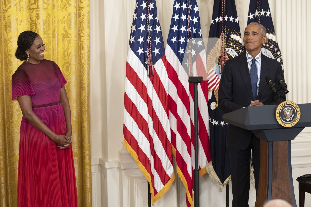 Former President Barack Obama delivers remarks alongside former First Lady Michelle Obama at a ceremony to unveil their official White House portraits at the White House on September 7, 2022 in Washington, DC.