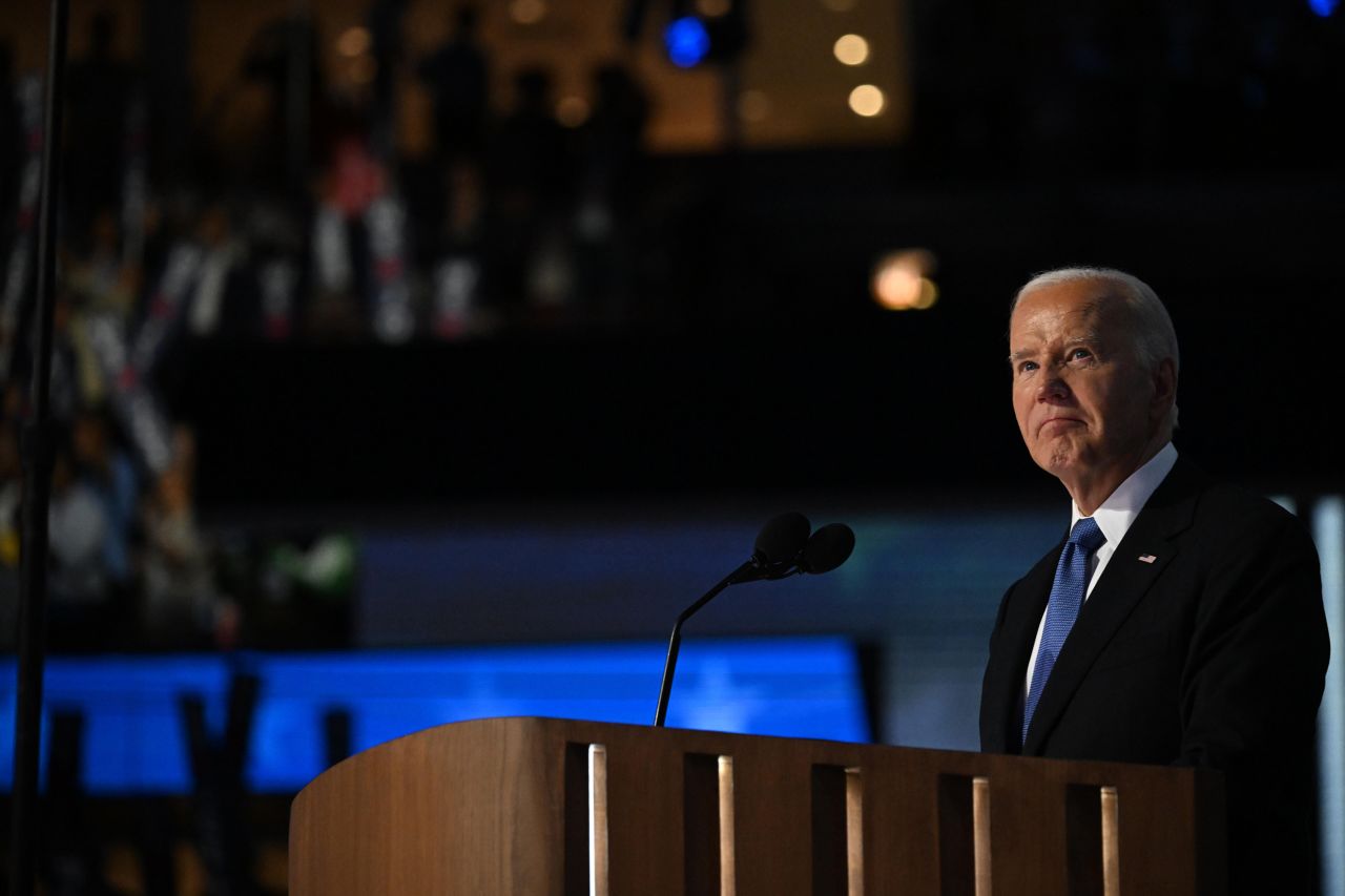 President Joe Biden is seen onstage at the DNC in Chicago, on Monday, August 19.