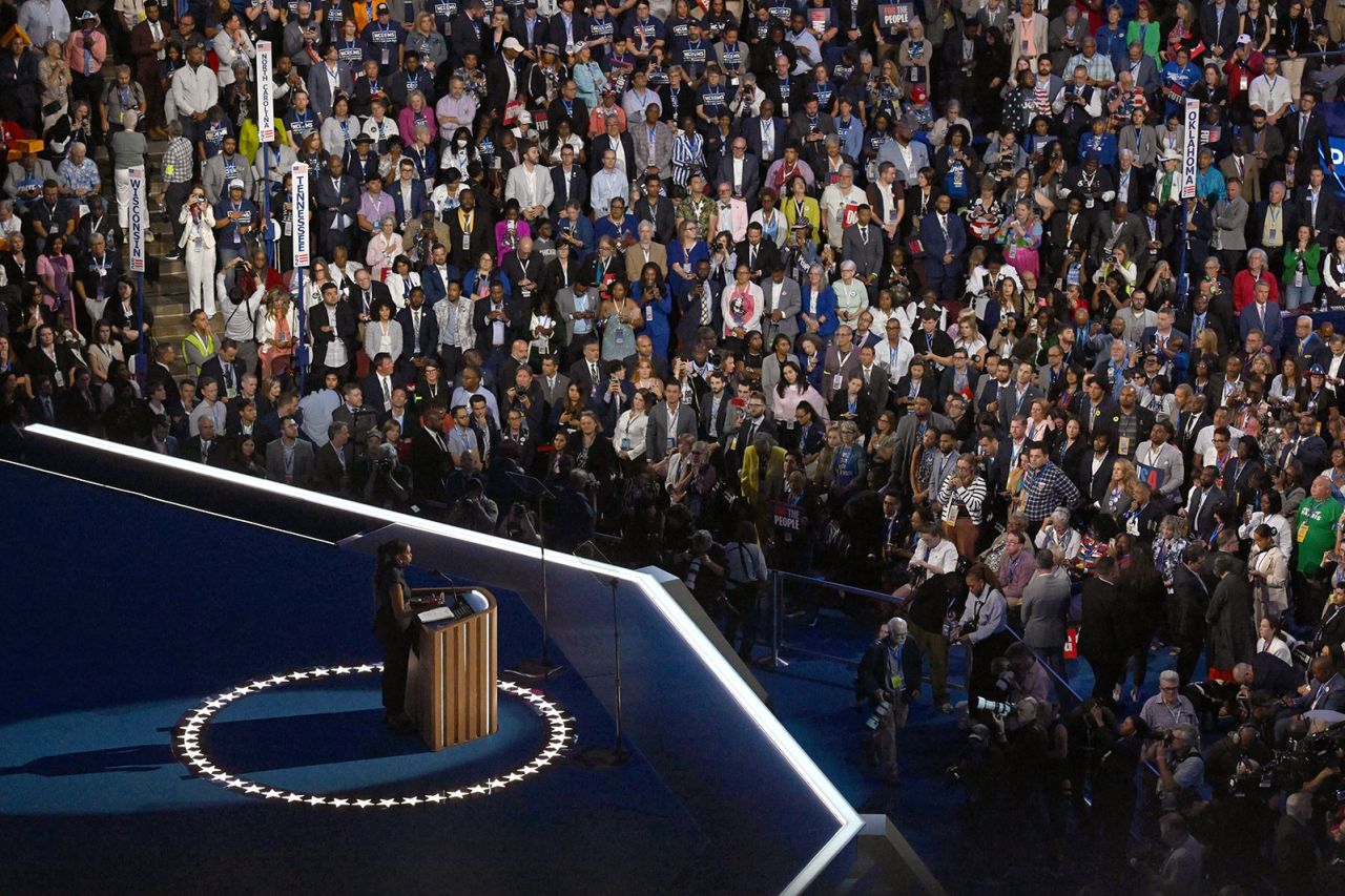 Michelle Obama speaks on Tuesday, August 20, in Chicago, during the DNC.