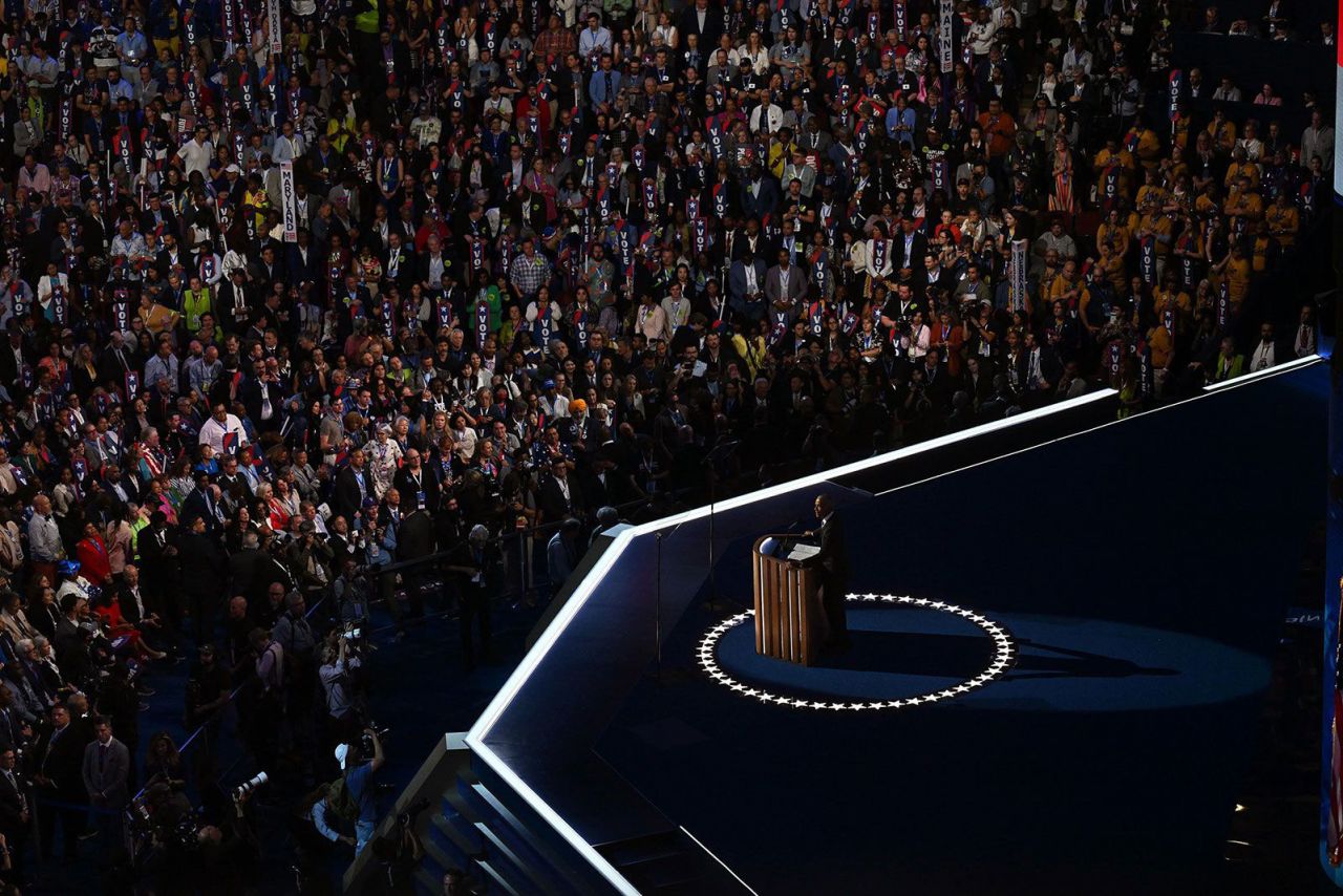 Former President Barack Obama speaks on Tuesday, August 20, in Chicago during the DNC.