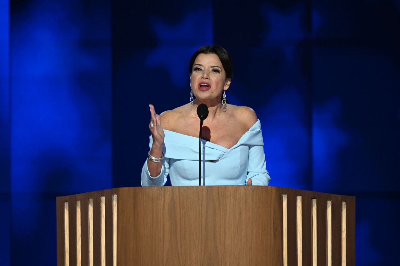 Political commentator Ana Navarro speaks on stage during the second day of the Democratic National Convention at the United Center on August 20, in Chicago, Illinois. 