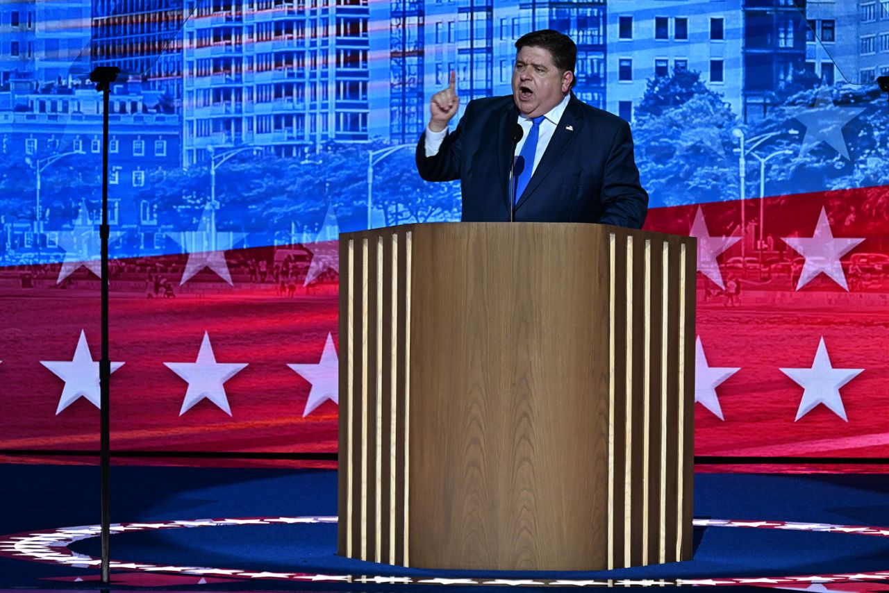 Gov. JB Pritzker speaks on Tuesday, August 20, during the DNC in Chicago.