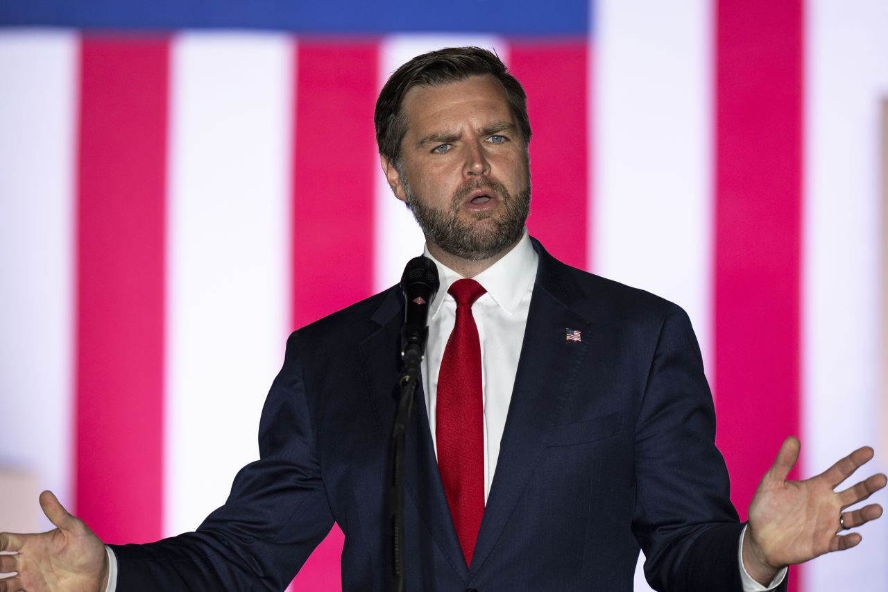 Republican vice presidential nominee Sen. JD Vance speaks at a campaign rally, on August 19, in Philadelphia.