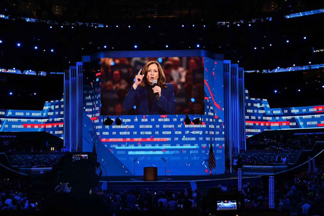 Democratic presidential nominee Vice President Kamala Harris appears via video after the roll call during the Democratic National Convention Tuesday, August 20, in Chicago. 