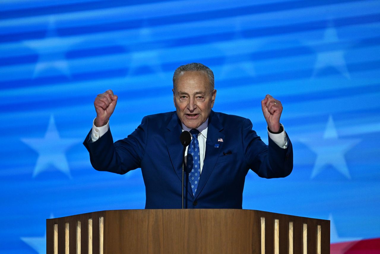 Senate Majority Leader Chuck Schumer speaks on Tuesday, August 20, in Chicago during the DNC.