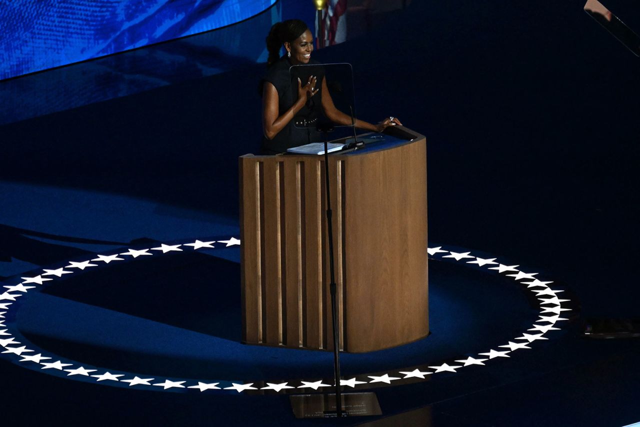 Michelle Obama speaks on Tuesday, August 20, in Chicago, during the DNC.